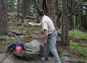 Teeing up at hole 2, Pender Island disc course